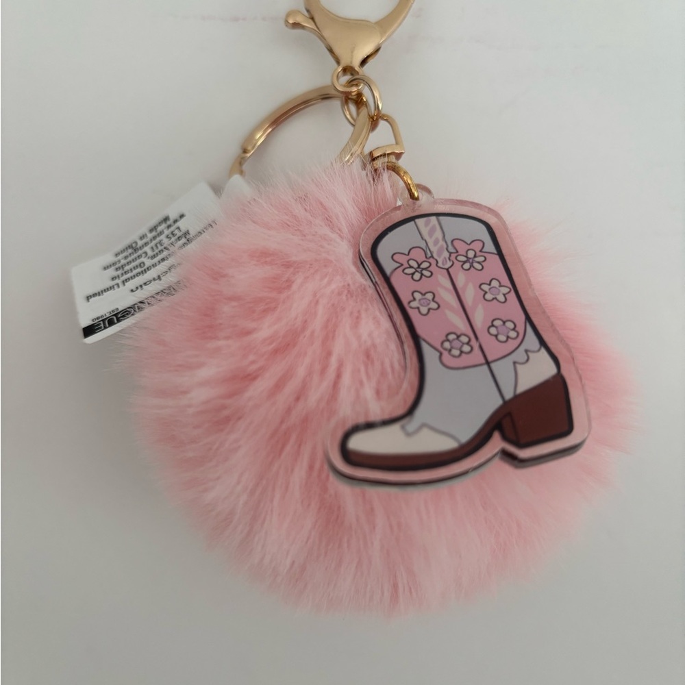 Pink Fluffy Keychain with Boot Charm